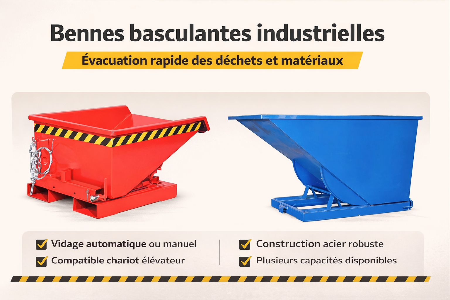 bennes basculantes industrielles rouge et bleue compatibles chariot élévateur pour évacuation de déchets