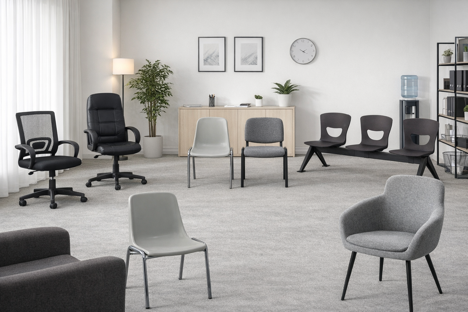 Collection de chaises de bureau professionnelles et sièges d'accueil présentés dans un showroom moderne