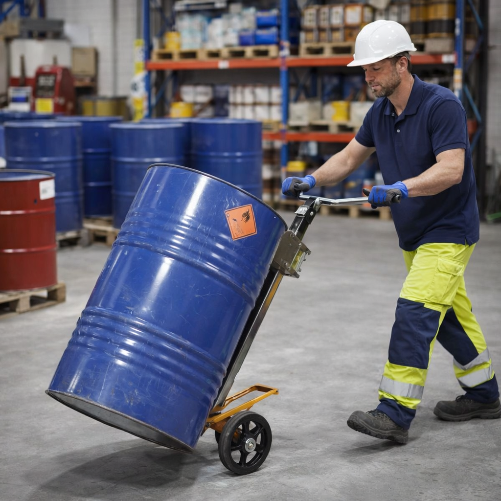 Diable à fûts industriel permettant la manutention sécurisée de fûts de 200 litres avec réduction des TMS