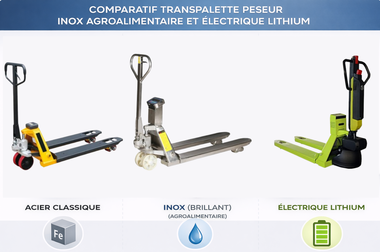 les différents types de transpalettes peseurs : manuel, inox et électrique