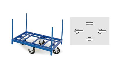 4 roulettes dont 2 fixes et 2 pivotantes en losange