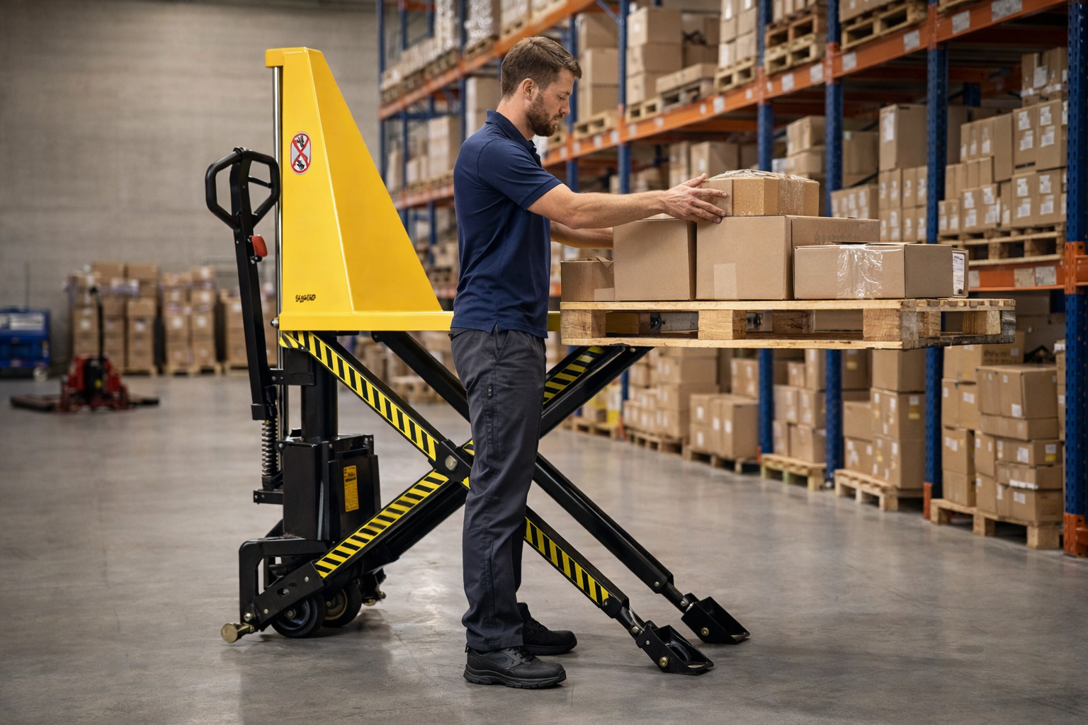 Transpalette haute levée utilisé en entrepôt pour préparer une commande à hauteur ergonomique