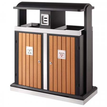 Poubelle de tri sélectif d'extérieur imitation bois avec cendrier Poubelle de tri sélectif d'extérieur imitation bois avec cendrier