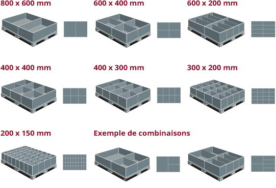 Exemples des bacs de différentes tailles posés sur une palette plastique