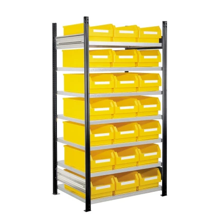 Rayonnage avec 21 bacs à bec de 23 litres Rayonnage avec 21 bacs à bec de 23 litres