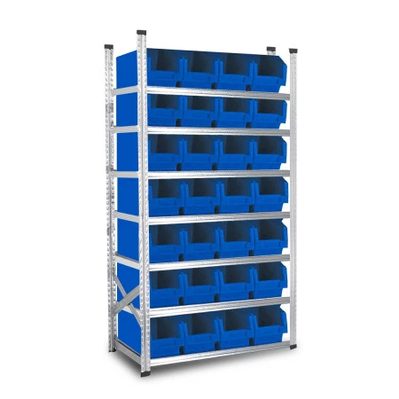 Rayonnage avec 28 bacs à bec de 25 litres Rayonnage avec 28 bacs à bec de 25 litres