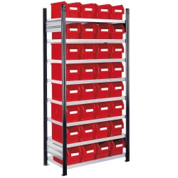 Rayonnage avec 32 bacs à bec de 11 litres