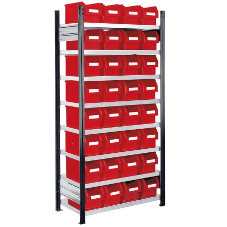 Rayonnage avec 32 bacs à bec de 11 litres Rayonnage avec 32 bacs à bec de 11 litres