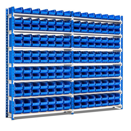Rayonnage avec 91 bacs à bec de 3,5 litres Rayonnage avec 91 bacs à bec de 3,5 litres
