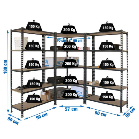 Pack 3 rayonnages avec une étagère d'angle Pack 3 rayonnages avec une étagère d'angle