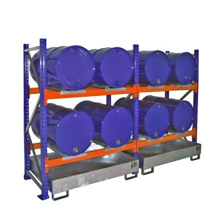 Rayonnage à 2 niveaux pour fûts de 200 L avec module suivant Rayonnage à 2 niveaux pour fûts de 200 L avec module suivant