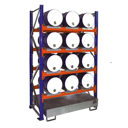 Rayonnage de 9 à 12 fûts de 60 L avec bac de rétention acier Rayonnage de 9 à 12 fûts de 60 L avec bac de rétention acier