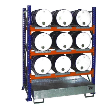 Rayonnage de 9 à 12 fûts de 60 L avec bac de rétention acier Rayonnage de 9 à 12 fûts de 60 L avec bac de rétention acier