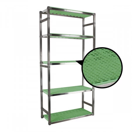 Rayonnage alimentaire inox. Plateau vert pour les basses températures. Rayonnage alimentaire inox. Plateau vert pour les basses températures.