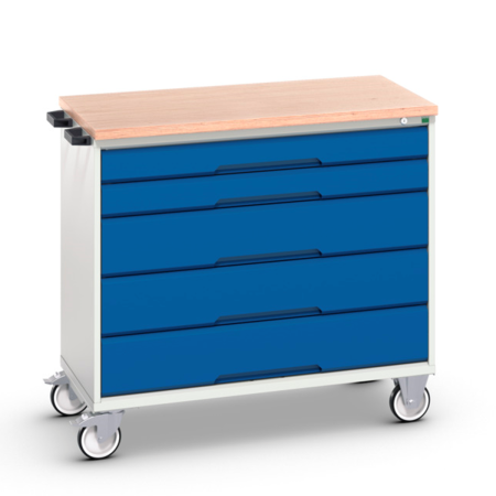 Servante Roulante Plateau Multiplis Hêtre - 5 Tiroirs - Lxpxh 1050 x 550 x 980 mm - Bleu Gentiane RAL 5010 Servante Roulante Plateau Multiplis Hêtre - 5 Tiroirs - Lxpxh 1050 x 550 x 980 mm - Bleu Gentiane RAL 5010