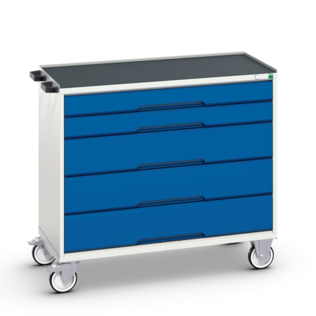 Servante Roulante avec dessus Tapis et 3 Rebords - 5 Tiroirs - Lxpxh 1050 x 550 x 965 mm - Bleu Gentiane RAL 5010 Servante Roulante avec dessus Tapis et 3 Rebords - 5 Tiroirs - Lxpxh 1050 x 550 x 965 mm - Bleu Gentiane RAL 5010