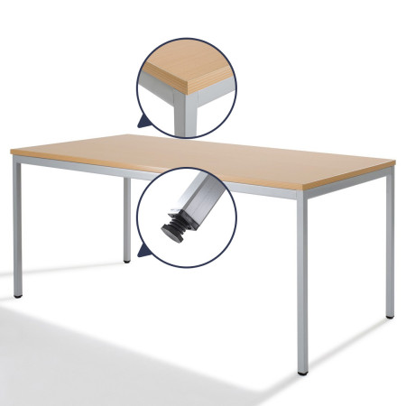 Table avec chant antichoc et pieds à verins Table avec chant antichoc et pieds à verins