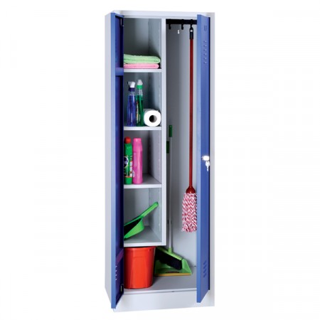 Armoire d'entretien disponible en 2 largeur 600 et 800 mm. Ouïes d'aération hautes et basses. 1 côté penderie à droite - 4 étagères dont 3 réglables dans la partie gauche. Fermeture serrure 3 points.