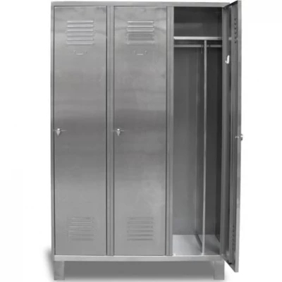 Vestiaire en inox industrie salissante sur pieds en tôle INOX 304 AISI 8/10e et 10/10e. Ces vestiaires sont conçus pour répondre aux normes d'hygiène strictes de l'agro-alimentaire et du milieu médical. Ils sont aussi adaptés aux milieux agréssifs : froid