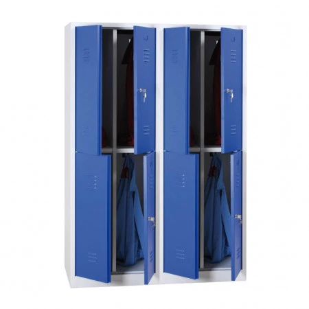 2 cases superposées à 2 portes battantes grande hauteur monobloc. Colonnes divisées en 2 compartiments. Fixation au mur possible par l'arrière. Tringle porte-cintres avec crochet dans chaque section. 2 cases superposées à 2 portes battantes grande hauteur monobloc. Colonnes divisées en 2 compartiments. Fixation au mur possible par l'arrière. Tringle porte-cintres avec crochet dans chaque section.