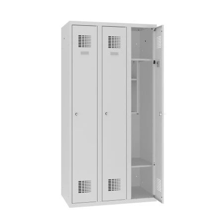Vestiaire Industrie Propre avec rangement. Perforation d'aération en partie haute et basse de la porte pour la circulation de l'air. Les portes sont renforcées avec charnières invisibles et tampons en plastique anti-bruits. Ouverture de la porte du casier Vestiaire Industrie Propre avec rangement. Perforation d'aération en partie haute et basse de la porte pour la circulation de l'air. Les portes sont renforcées avec charnières invisibles et tampons en plastique anti-bruits. Ouverture de la porte du casier