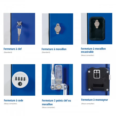 Vestiaire industrie propre - Largeur réduite fermeture moraillon, clef, 3 points, code ou monnayeur Vestiaire industrie propre - Largeur réduite fermeture moraillon, clef, 3 points, code ou monnayeur