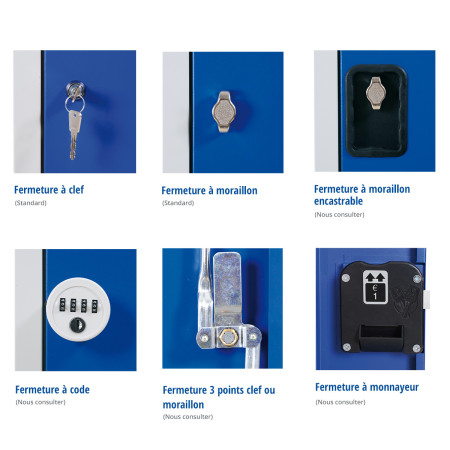 Vestiaire industrie propre NF avec de nombreuses possibilité de fermeture: clef, moraillon, moraillon encastré, fermeture 3 points clef ou moraillon, code 4 chiffres et monnayeur Vestiaire industrie propre NF avec de nombreuses possibilité de fermeture: clef, moraillon, moraillon encastré, fermeture 3 points clef ou moraillon, code 4 chiffres et monnayeur