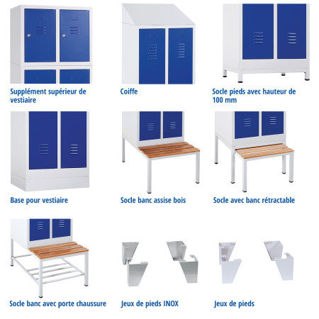 Vestiaire industrie propre NF accessoires disponibles : pieds, pieds inox, socle banc, socle banc avec porte chaussures, socle banc rétractable, coiffe et Supplément supérieur de vestiaire Vestiaire industrie propre NF accessoires disponibles : pieds, pieds inox, socle banc, socle banc avec porte chaussures, socle banc rétractable, coiffe et Supplément supérieur de vestiaire