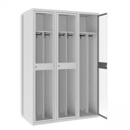 Vestiaire industrie salissante porte en plexiglass. Peinture en poudre électrostatique époxy cuit au four. équipé d'une tablette supérieure fixe avec une tringle porte cintre et d'une séparation médiane 2/3 et 1/3 pour séparer les vêtements propres et sa Vestiaire industrie salissante porte en plexiglass. Peinture en poudre électrostatique époxy cuit au four. équipé d'une tablette supérieure fixe avec une tringle porte cintre et d'une séparation médiane 2/3 et 1/3 pour séparer les vêtements propres et sa