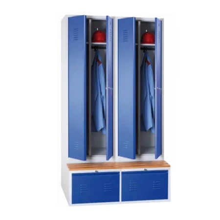 Vestiaire sur coffre à glissiere avec assise bois. L'aménagement intérieur comporte deux compartiments séparés par une cloison verticale. Afin de séparer vêtements propres et sales. Etagère supérieure avec tringle porte cintre et crochet Vestiaire sur coffre à glissiere avec assise bois. L'aménagement intérieur comporte deux compartiments séparés par une cloison verticale. Afin de séparer vêtements propres et sales. Etagère supérieure avec tringle porte cintre et crochet