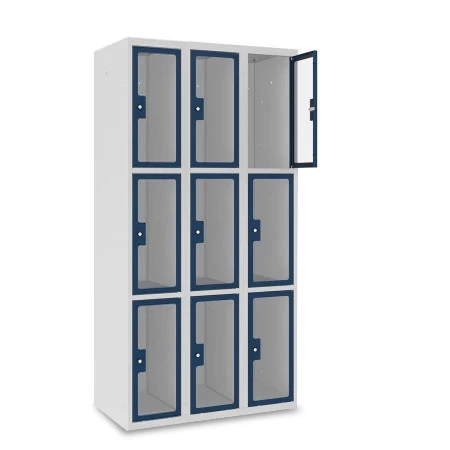 Vestiaire multicases 3 cases superposées plexi - Larg. 300 mm. Tôle acier phosphatée d’épaisseur 8/10e pour le corps et 10/10e pour les cadres des portes. Epaisseur du plexi 4mm.. Vestiaire multicases 3 cases superposées plexi - Larg. 300 mm. Tôle acier phosphatée d’épaisseur 8/10e pour le corps et 10/10e pour les cadres des portes. Epaisseur du plexi 4mm..