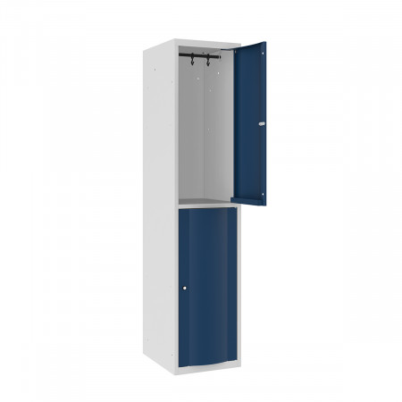 Vestiaire 2 cases superposées à portes bombées - Larg. 400mm.  Monobloc. Fabrication en tôle d'acier phosphatée d'épaisseur 6/10e et 8/10e pour le corps et 15/10e pour les portes.