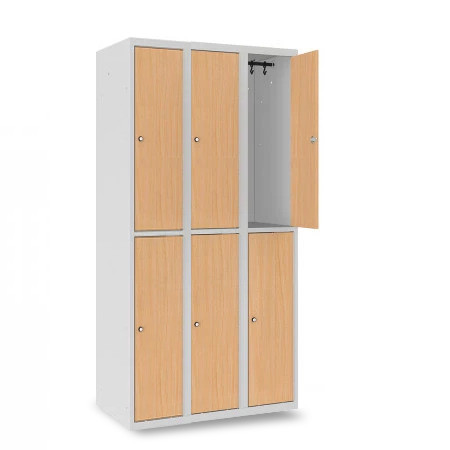 Vestiaire 2 cases superposées avec portes en bois - Larg. 300 mm 3 colonnes 6 casiers avec aération sur les montants haut et bas du vestiaire Vestiaire 2 cases superposées avec portes en bois - Larg. 300 mm 3 colonnes 6 casiers avec aération sur les montants haut et bas du vestiaire