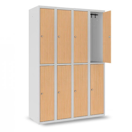 Vestiaire 2 cases superposées avec portes en bois 4 colonnes 8 casiers en option avec 1 prise 220 V et 2 ports USB par casier, Vestiaire 2 cases superposées avec portes en bois 4 colonnes 8 casiers en option avec 1 prise 220 V et 2 ports USB par casier,