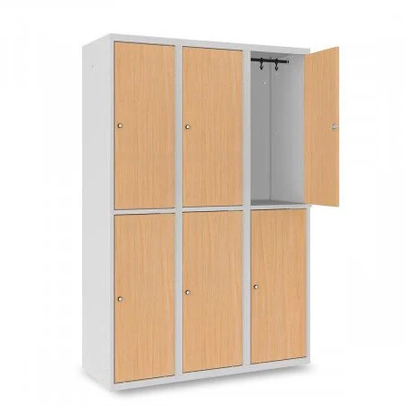 Vestiaire 2 cases superposées avec portes en bois - Larg. 400 mm 3 colonnes 6 casiers avec tablette, barre porte cintre et 2 crochets double par case Vestiaire 2 cases superposées avec portes en bois - Larg. 400 mm 3 colonnes 6 casiers avec tablette, barre porte cintre et 2 crochets double par case
