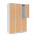 Vestiaire 2 cases superposées avec portes en bois - Larg. 400 mm 3 colonnes 6 casiers avec tablette, barre porte cintre et 2 crochets double par case Vestiaire 2 cases superposées avec portes en bois - Larg. 400 mm 3 colonnes 6 casiers avec tablette, barre porte cintre et 2 crochets double par case
