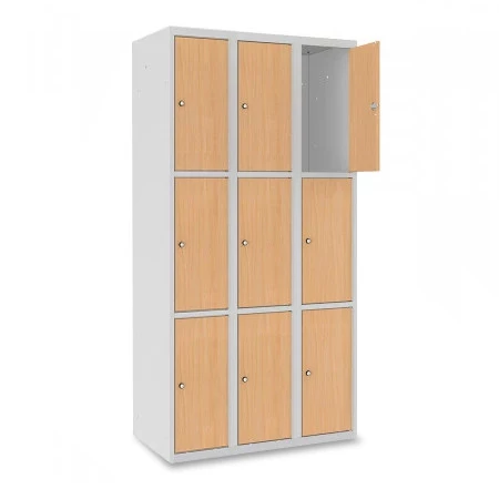 Vestiaire 3 cases superposées portes en bois montée avec charnières piano. - Larg. 300 mm 3 colonnes 9 cases Vestiaire 3 cases superposées portes en bois montée avec charnières piano. - Larg. 300 mm 3 colonnes 9 cases