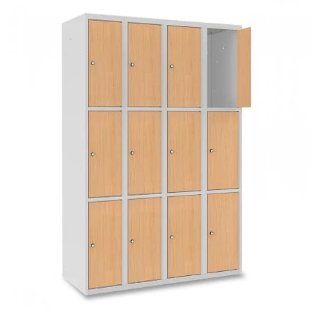 Vestiaire 3 cases superposées portes en bois - Larg. 300 mm 4 colonnes 12 casiers avec option 1 prise 220 V et 2 ports USB par casier Vestiaire 3 cases superposées portes en bois - Larg. 300 mm 4 colonnes 12 casiers avec option 1 prise 220 V et 2 ports USB par casier