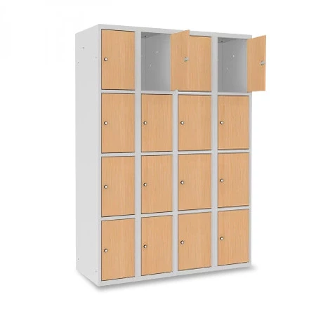 Vestiaire 4 cases superposées portes en bois - Larg. 300 mm option 1 prise 220 V et 2 ports USB par casier 4 colonnes 16 casiers Vestiaire 4 cases superposées portes en bois - Larg. 300 mm option 1 prise 220 V et 2 ports USB par casier 4 colonnes 16 casiers