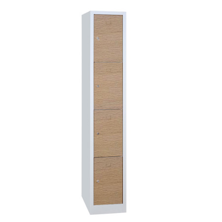 Vestiaire 4 cases superposées portes en bois - Largeur 400 mm corps en tôle acier phosphatée d'épaisseur 8/10e 1 colonnes 4 cases Vestiaire 4 cases superposées portes en bois - Largeur 400 mm corps en tôle acier phosphatée d'épaisseur 8/10e 1 colonnes 4 cases