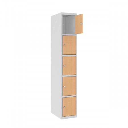 Vestiaire 5 cases superposées portes en bois - Larg. 300 mm 1 colonnes 5 cases monobloc avec ouïes d'aération en partie haute et basse Vestiaire 5 cases superposées portes en bois - Larg. 300 mm 1 colonnes 5 cases monobloc avec ouïes d'aération en partie haute et basse