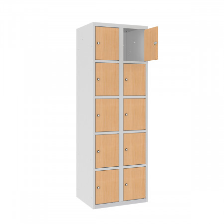 Vestiaire 5 cases superposées portes en bois MDF- Larg. 300 mm monobloc 2 colonnes 10 cases corps en tôle acier phosphatée d'épaisseur 8/10e Vestiaire 5 cases superposées portes en bois MDF- Larg. 300 mm monobloc 2 colonnes 10 cases corps en tôle acier phosphatée d'épaisseur 8/10e