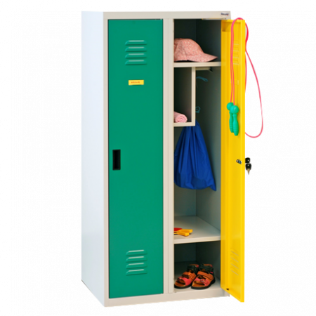 Vestiaire pour maternelle L300 monobloc. Portes renforcées avec charnières invisibles et tampons en plastique anti-bruits. De 1 à 4 colonnes. 1 tablette haute et basse, penderie et vide poche. Peinture epoxy.